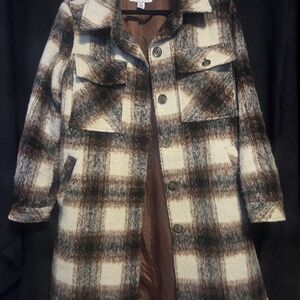 Vince Camuto Brown & Cream Plaid Wool-Blend Trench Coat